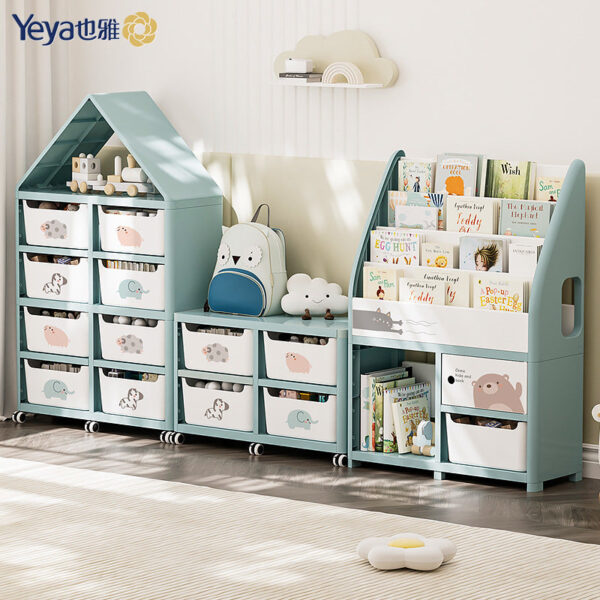 Kids Toy Storage Cabinet & Bookshelf | 2-in-1 Organizer | Holds 200 Books | Bins Double as Stool | Playroom Storage